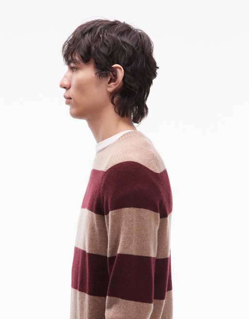 Tommy Hilfiger lambswool stripe jumper in beige and burgundy, 4 of 5