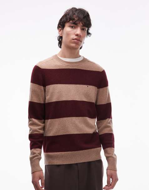 Tommy Hilfiger lambswool stripe sweater in beige and burgundy - view 1