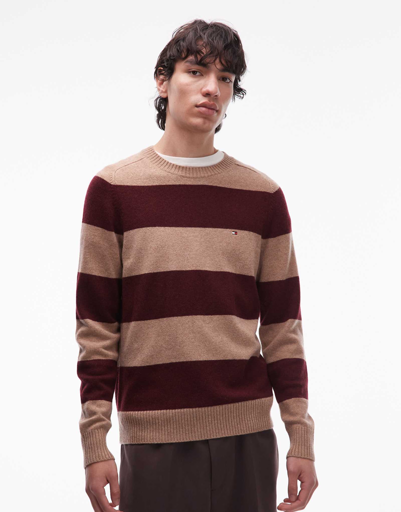 Свитер в полоску из овечьей шерсти Tommy Hilfiger бежевого и бордового цветов