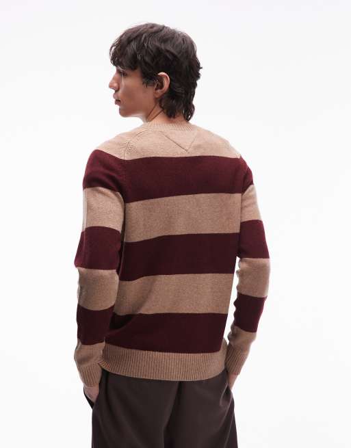 Tommy Hilfiger lambswool stripe sweater in beige and burgundy, 3 of 5