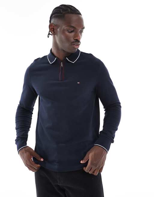 Tommy Hilfiger – Langarm-Polohemd in Marineblau mit kurzem Reißverschluss