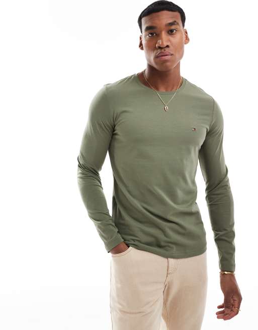 Tommy Hilfiger – Langärmliges Shirt in Khaki mit schmalem Schnitt