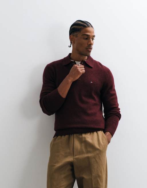 Tommy Hilfiger Langärmliges Strick-Polohemd aus Lammwolle in Burgunderrot, 4 von 5
