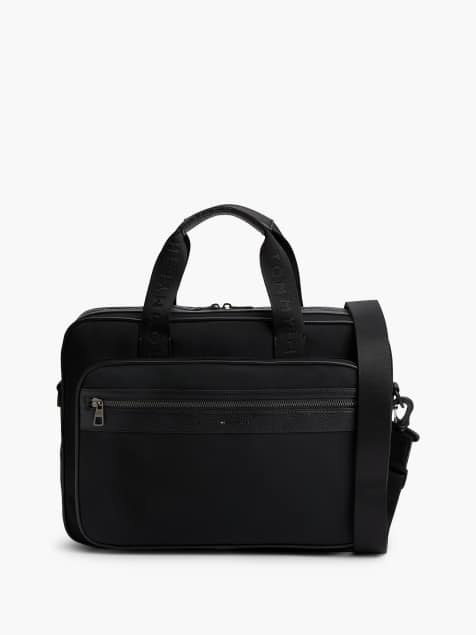 Tommy Hilfiger – Laptop-Tasche zum Umhängen in Schwarz mit Logo und Strukturmix - view 1