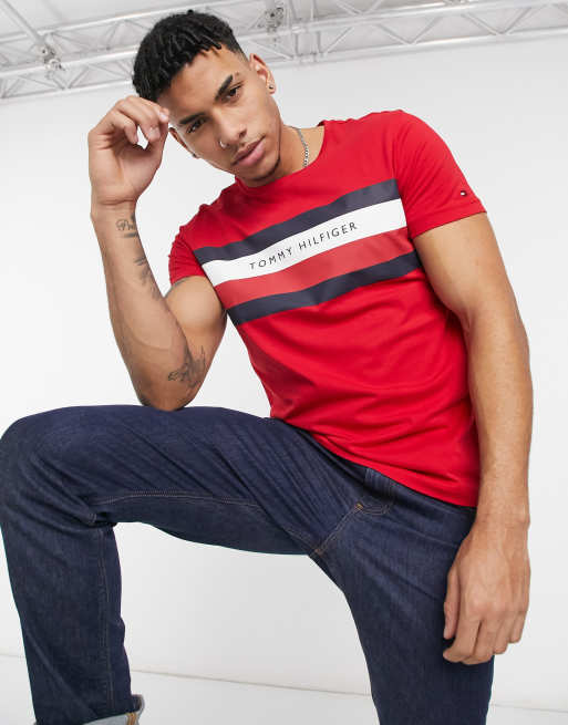 Tommy Hilfiger large icon stripe logo t shirt in red