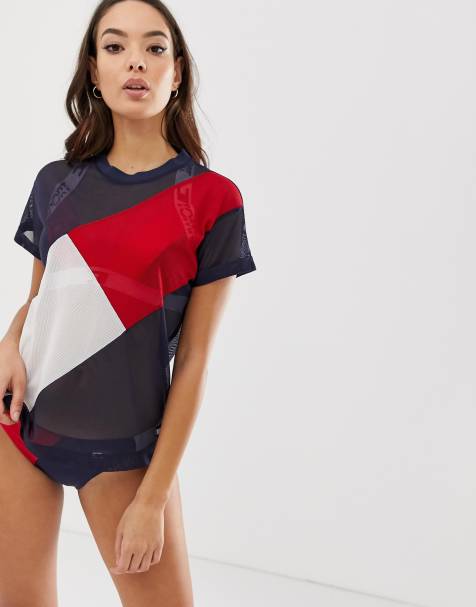 Tommy Hilfiger large logo mesh oversized beach top in navy