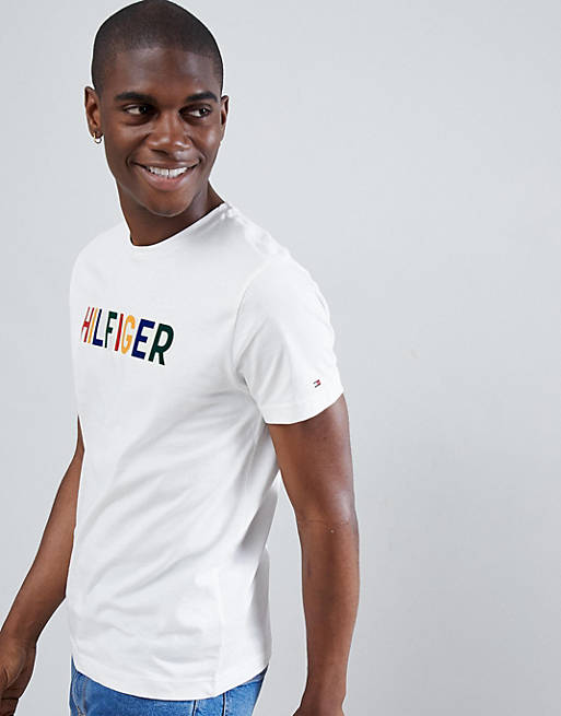 Tommy Hilfiger large multi logo print t-shirt in white | ASOS