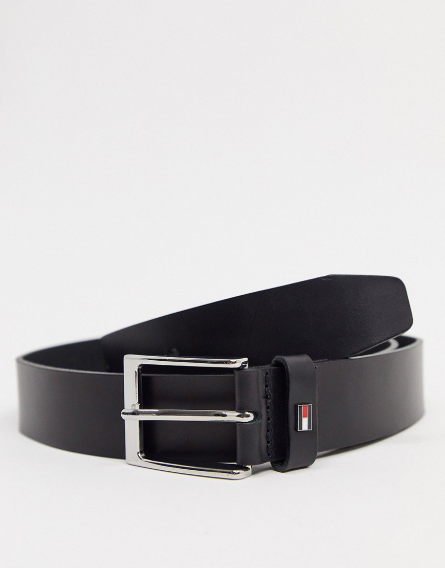 Tommy Hilfiger layton leather belt with small flag logo in black