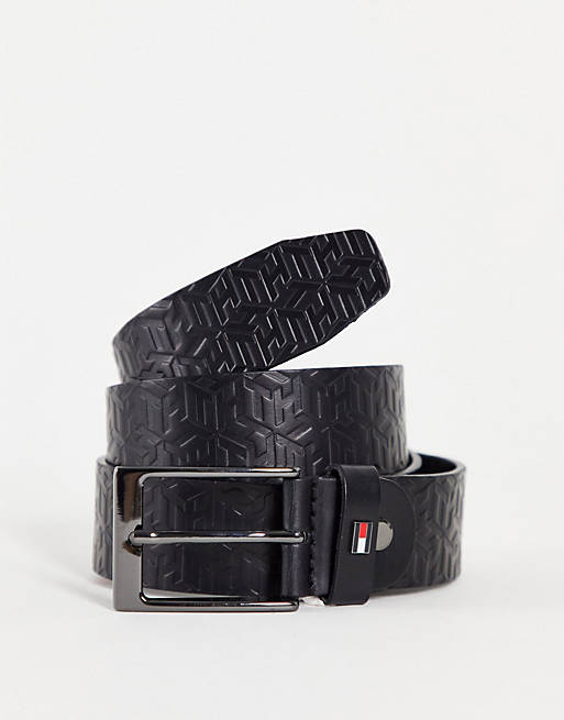 Tommy Hilfiger layton monogram leather belt with flag logo in black