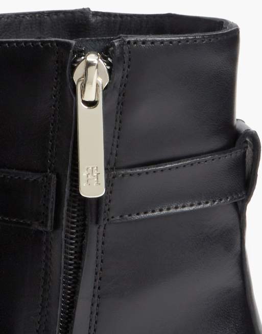 Tommy Hilfiger Leather buckle strap block heel ankle boots in black, 6 of 7