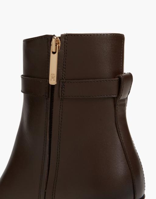 Tommy Hilfiger Leather buckle strap block heel ankle boots in dark brown, 6 of 7