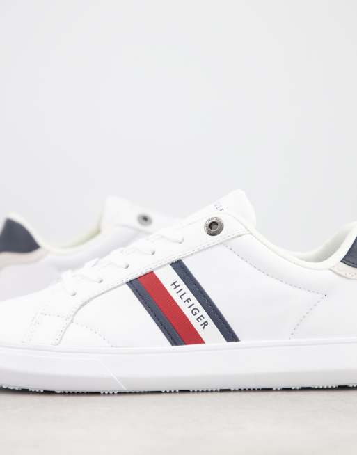 Tommy Hilfiger leather cupsole sneakers with side logo stripe in white, 2 of 4