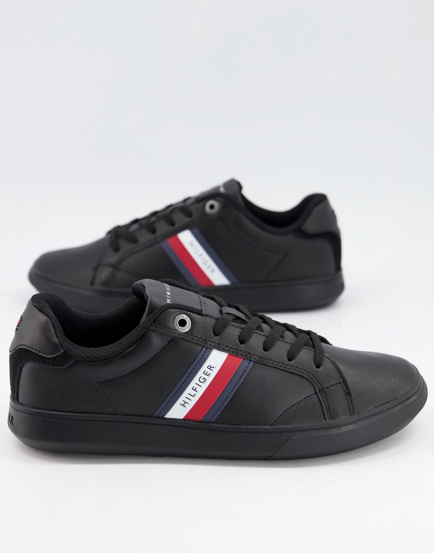Tommy Hilfiger leather cupsole sneakers with side stripe logo in black