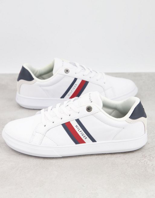 Tommy Hilfiger leather cupsole trainer with side logo stripe in white ...
