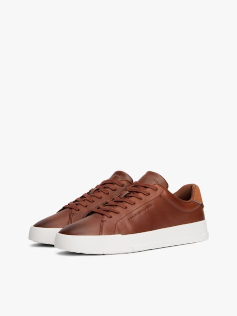 Tommy Hilfiger Leather debossed logo court trainers in light brown - view 1
