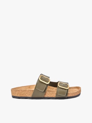  Leather double strap cork sandals in olive green