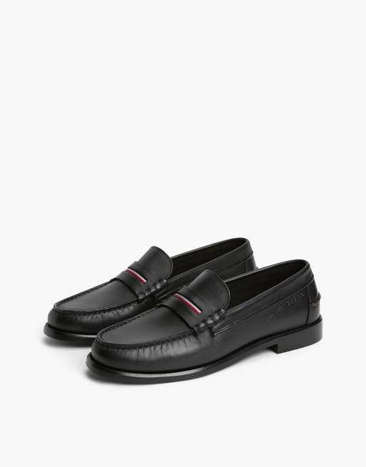 Tommy Hilfiger Leather global stripe penny loafers in black, 2 of 7