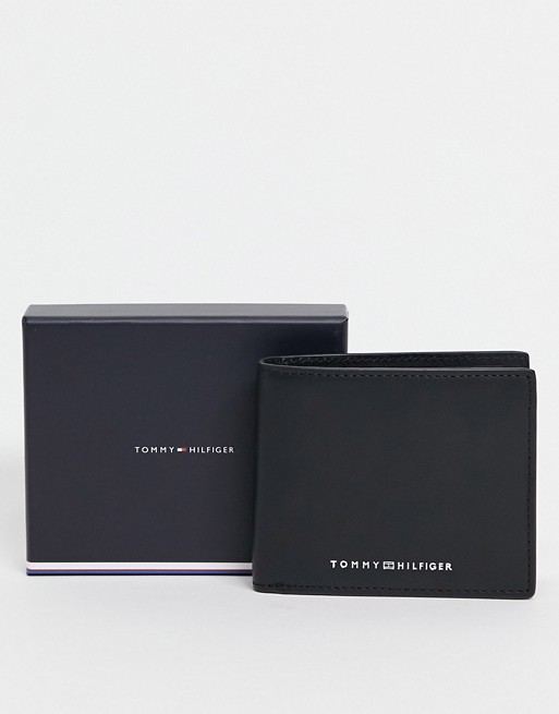 Tommy Hilfiger leather mini wallet with coin and cardholder pockets with logo in black