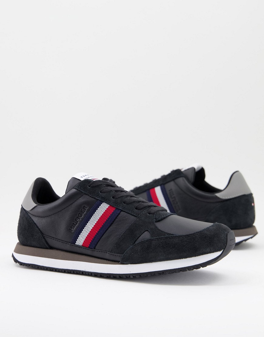 Tommy Hilfiger leather runner trainer with side stripes in black
