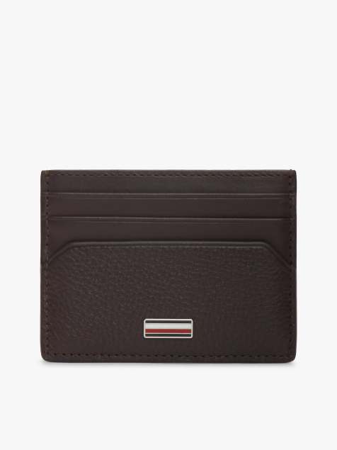 Tommy Hilfiger Leather signature plaque card holder in dark brown - view 1