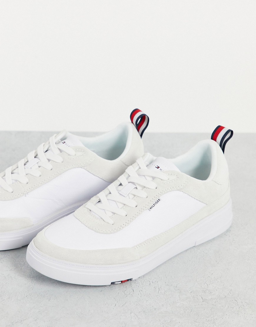 Tommy Hilfiger leather suede mix cupsole sneakers with tab logo in cream-White