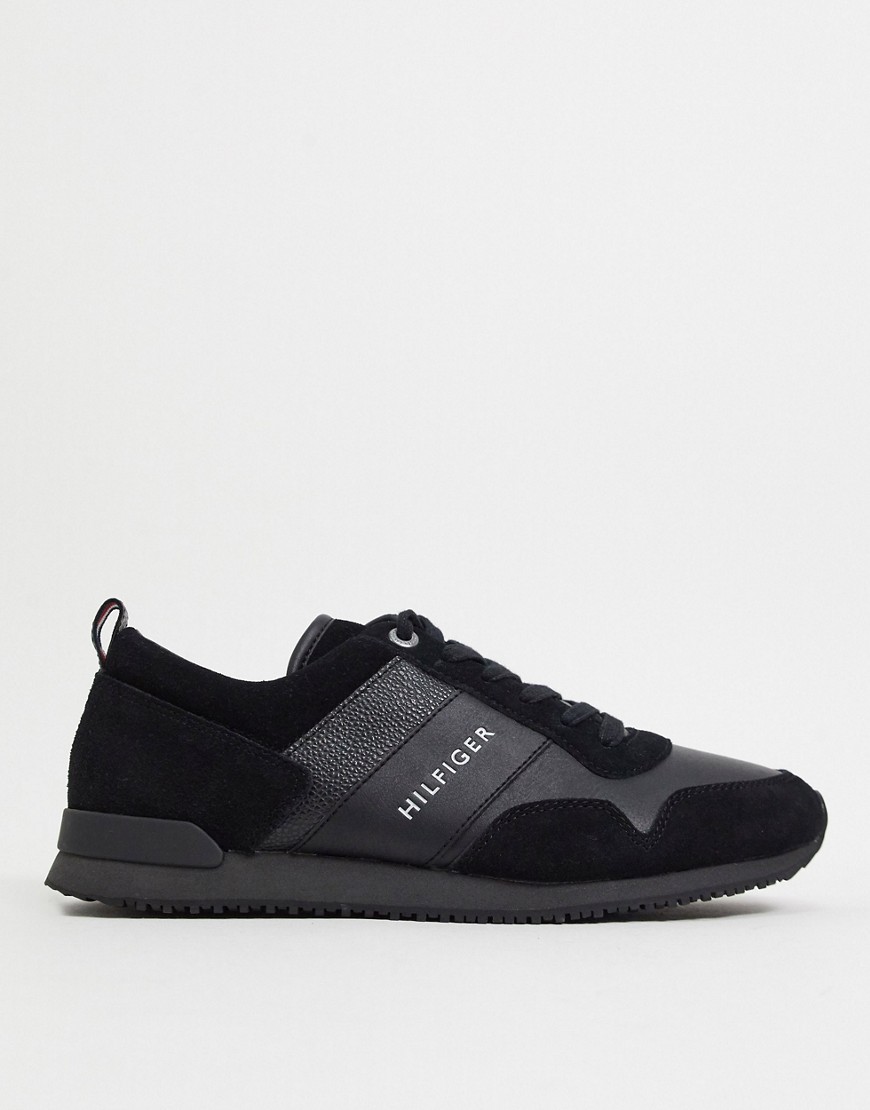 Tommy Hilfiger leather suede mix runner in black with logo
