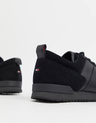 tommy hilfiger faux leather suede mix trainer in black