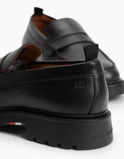 Tommy Hilfiger Leather textured penny loafers in black, 6 of 7