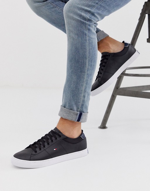 Tommy Hilfiger leather trainer in black with flag logo