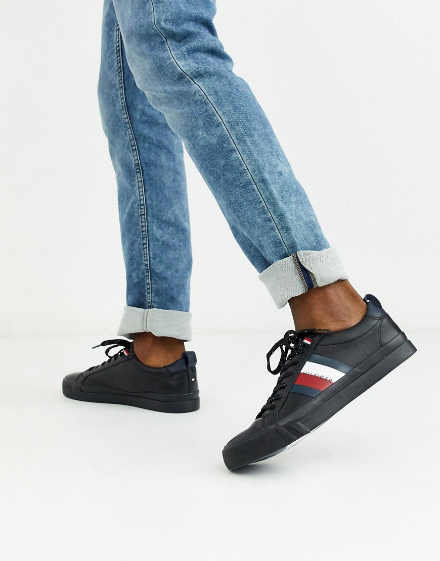 Tommy Hilfiger leather trainer in black with side logo stripes