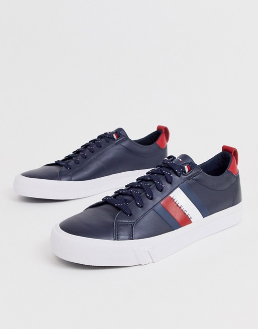 Tommy Hilfiger leather trainer in navy with side logo stripes