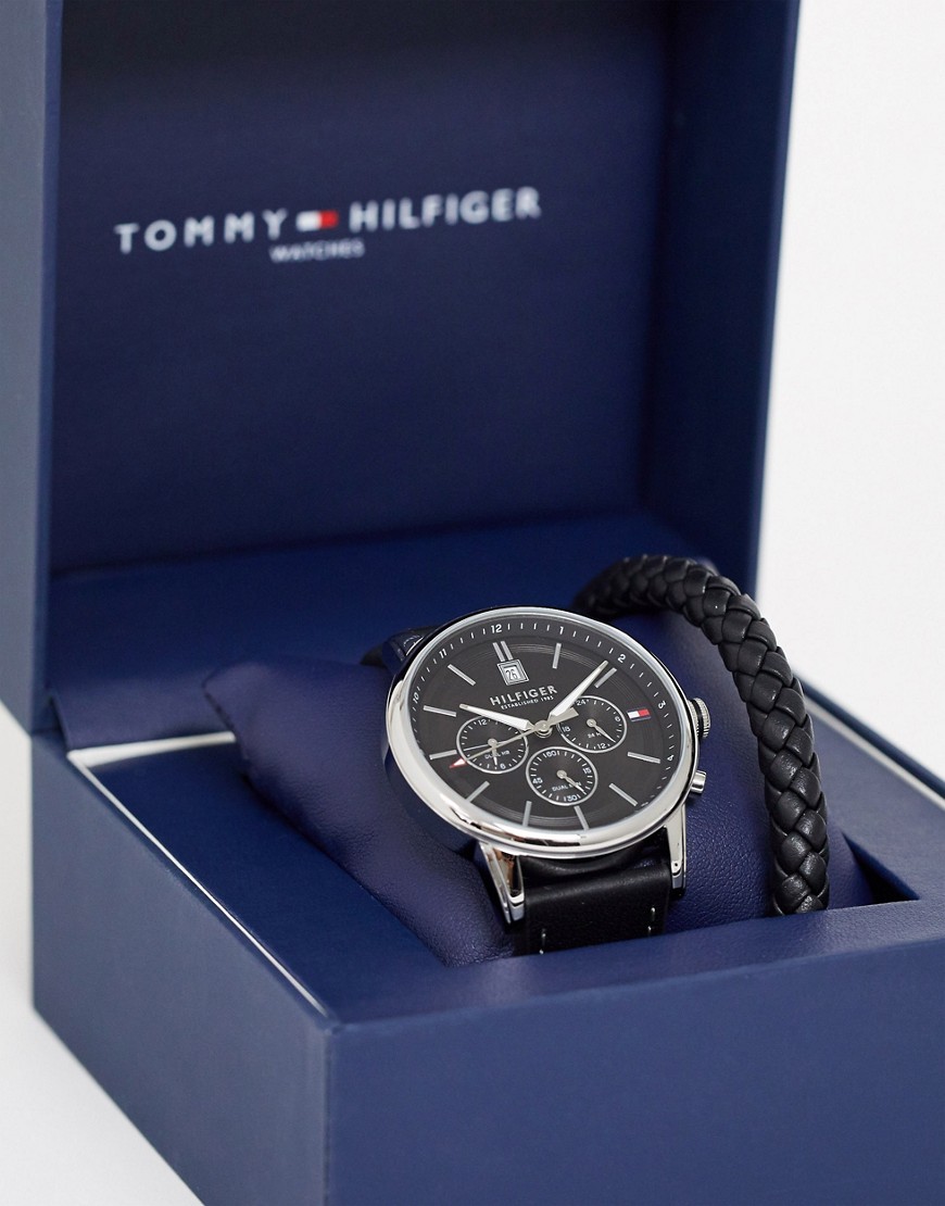 Tommy Hilfiger leather watch & woven bracelet gift set-Black