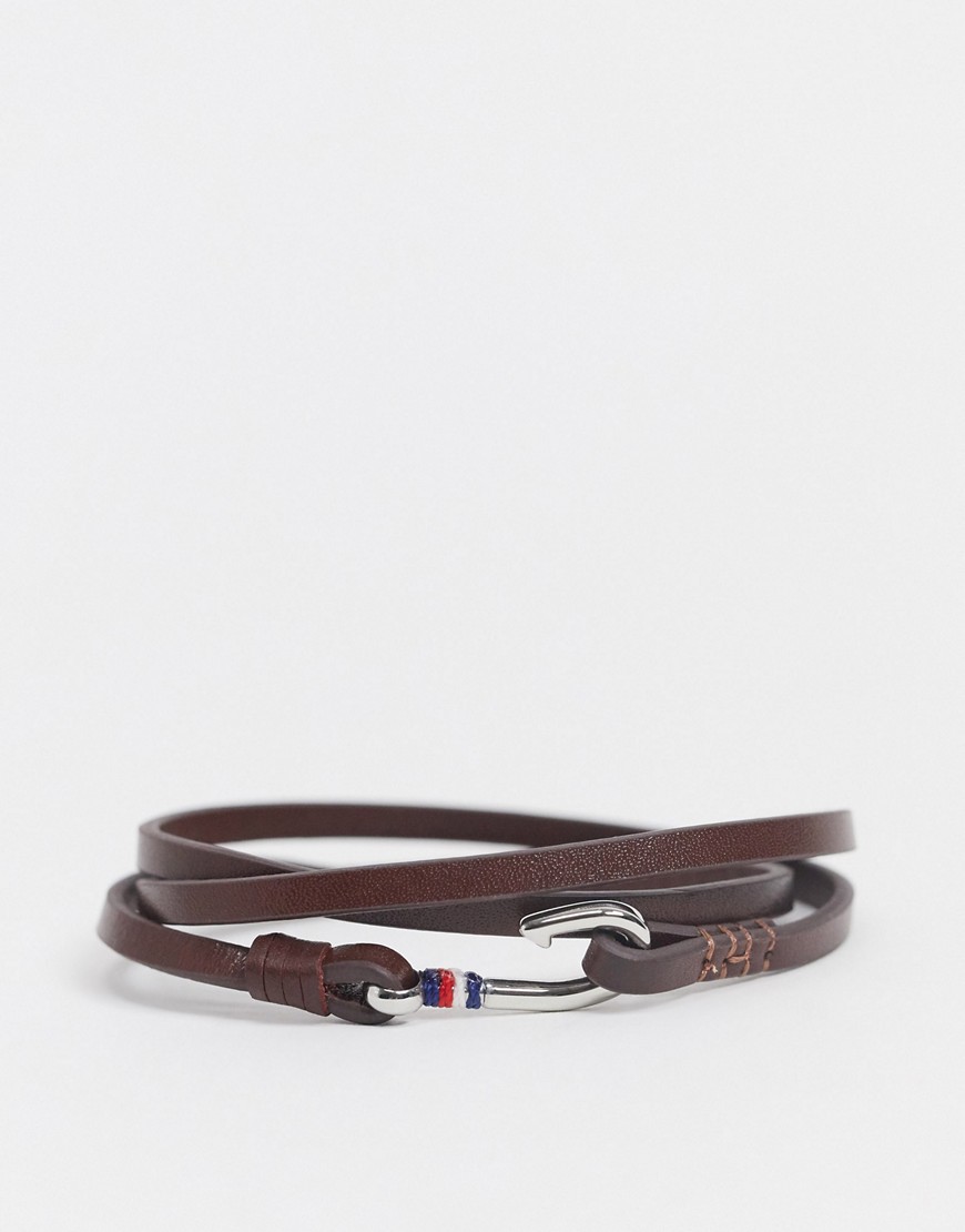 Tommy Hilfiger leather wrap bracelet in brown with nautical hook clasp