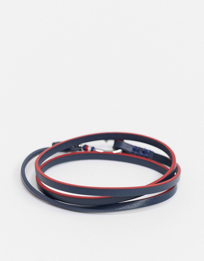 Tommy Hilfiger leather wrap bracelet in navy with nautical hook clasp