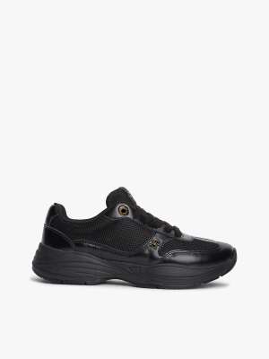 Leder-Sneaker in Schwarz mit Strukturmix und TH-Monogramm Schwarz 37