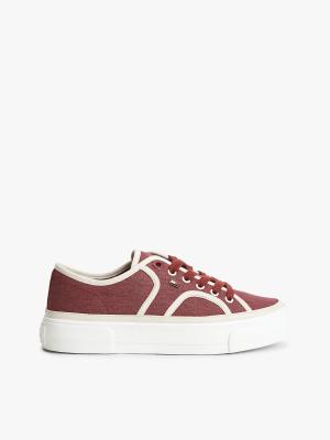 Leinen-Sneaker in Weinrot mit farblich abgesetzter Paspelierung und Plateausohle-Braun Braun 41