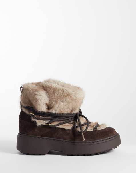 Tommy Hilfiger Lenie lace up snow boots with faux fur in brown - view 1