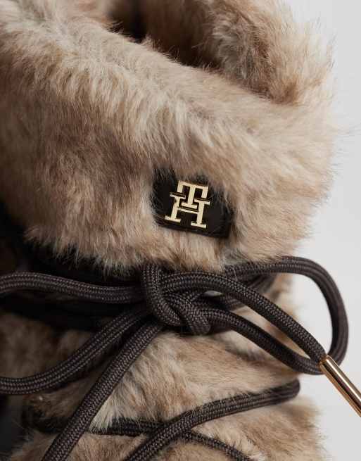 Tommy Hilfiger Lenie lace up snow boots with faux fur in brown, 3 of 4