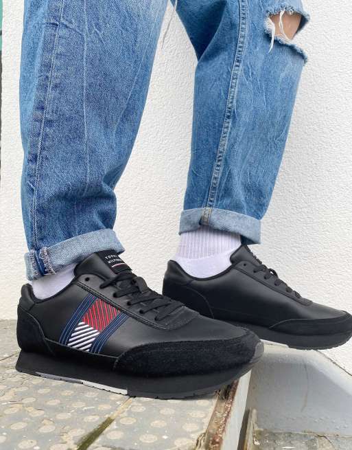 Tommy Hilfiger Leren hardloopschoenen met vlag in zwart