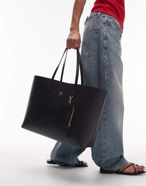 Tommy Hilfiger - Leren tote tas met icoonlogo in zwart - view 1