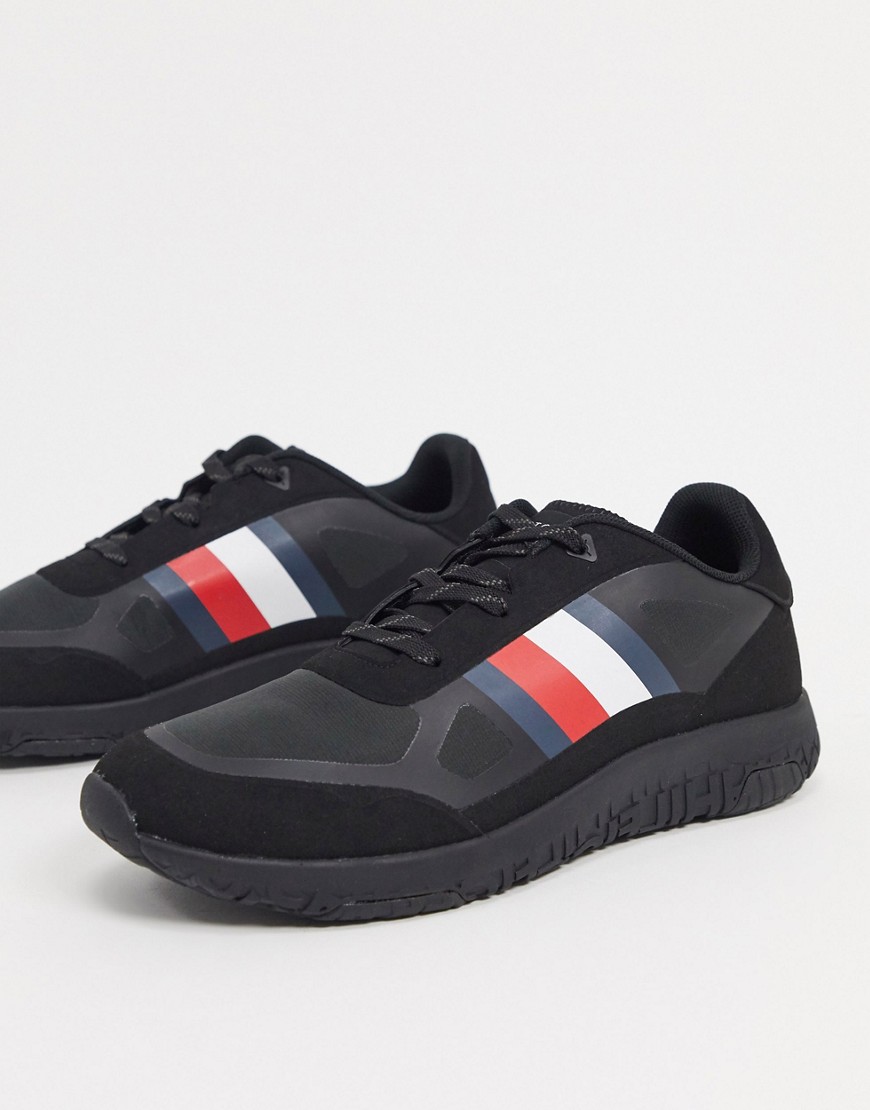 Tommy Hilfiger Lightweight Mix Running Sneakers In Black With Side Flag Stripes