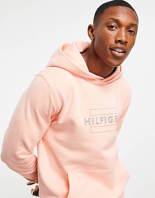 Tommy Hilfiger linear flag logo hoodie in pink | ASOS