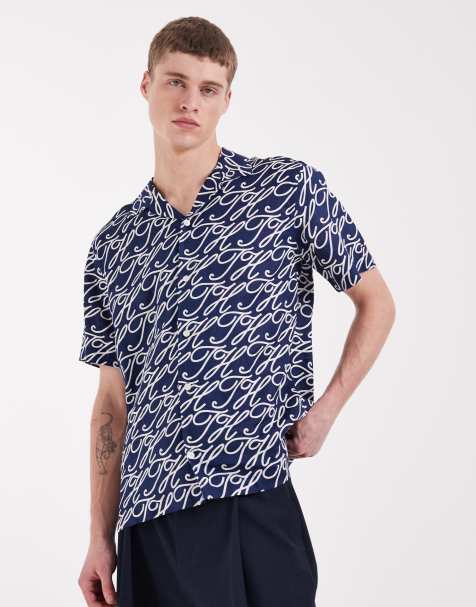 Tommy Hilfiger linen camp collar short sleeve shirt in navy print - view 1