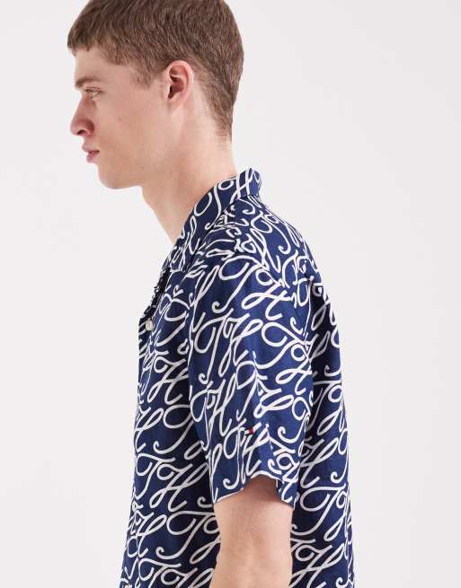 Tommy Hilfiger linen camp collar short sleeve shirt in navy print, 4 of 5