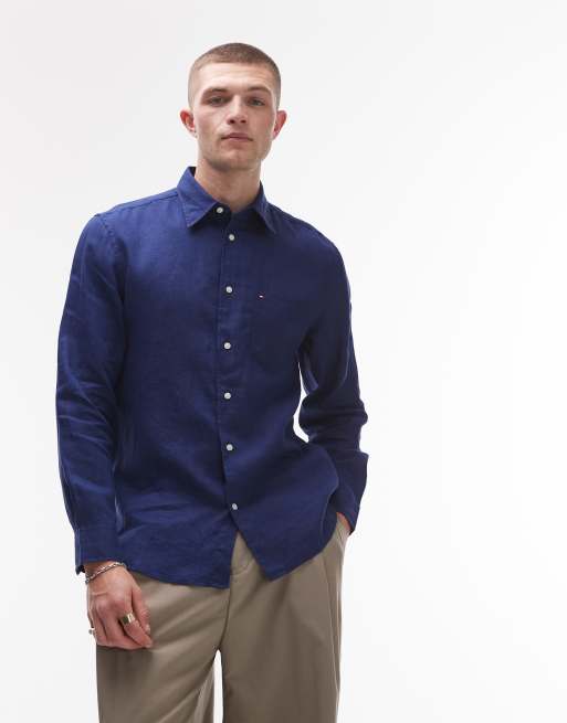Tommy Hilfiger linen look long sleeve shirt in navy, 2 of 4