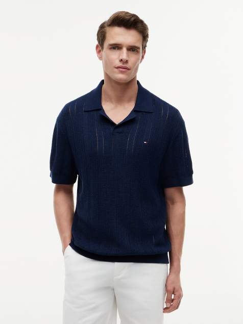 Tommy Hilfiger – Locker geschnittenes Polohemd aus strukturiertem Pointelle in Dunkelblau mit Leinenanteil - view 1