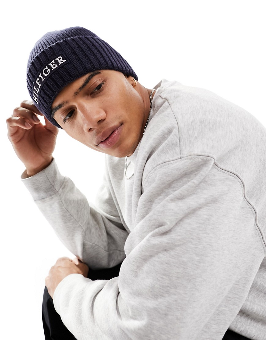 Tommy Hilfiger Embroidered Monotype Logo Beanie In Space Blue