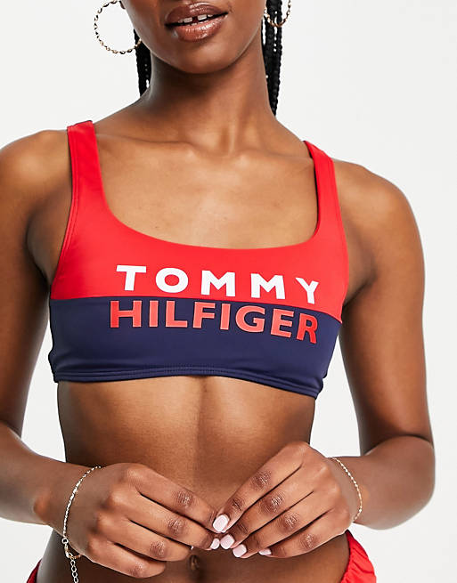 Tommy Hilfiger logo bikini top in red and navy