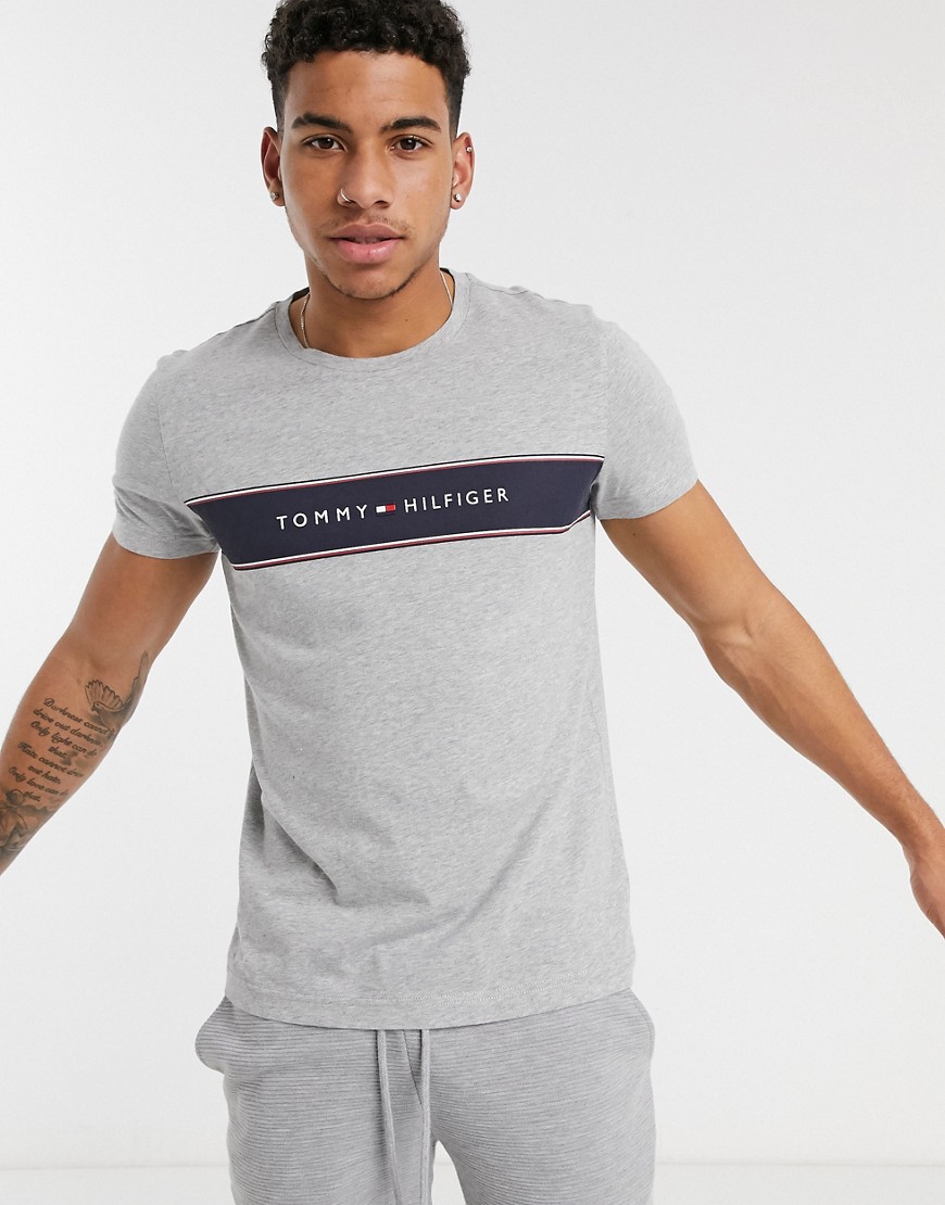 Tommy Hilfiger logo chest insert stripe t-shirt in light grey