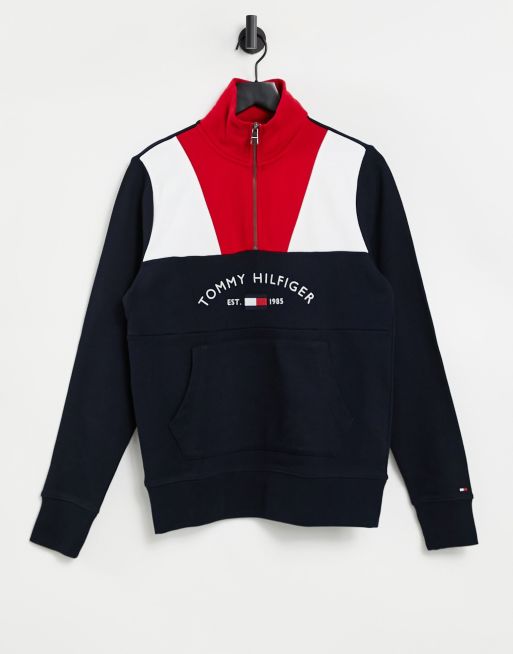 Hilfiger logo color block zip sweatshirt in navy |